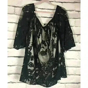 Audrey 3+1 Womens Size Large Black Lace Blouse Tan Underlayer